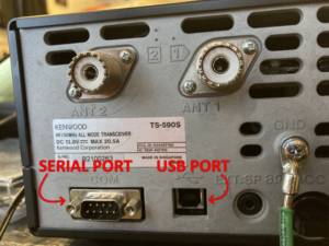 Kenwood 590s show serial port on the far from rear view and usb port to the right of it.